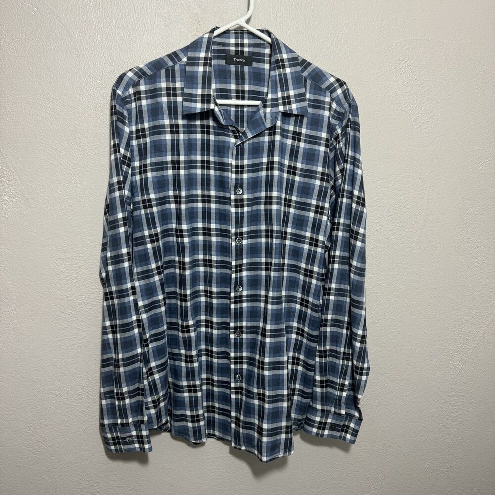 Theory Mens Plaid Button Up Shirt Sz Large Cotton Blue Black White Long Sleeve - Picture 1 of 5